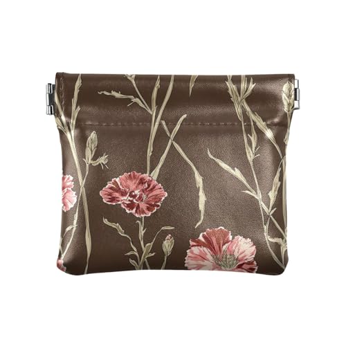 Monedero pequeño de cuero para mujer, diseño de flores de Dianthus, monedero portátil para dinero en efectivo para mujer, café, 4.33'(L) x 3.74'(W) x 0.39'(H), Classic