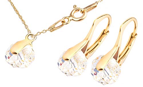 Ah! Jewellery Clear Briolette Crystals From Swarovski 2PCS Graceful 8mm Earrings & Pendant Necklace Set. 24K Gold Over Sterling Silver. 45cm Chain Included. Stamped 925.