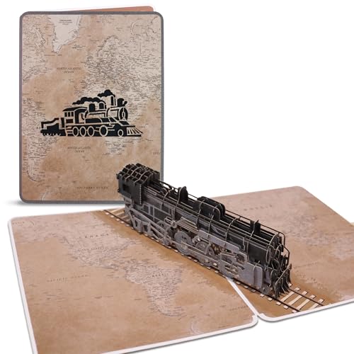 BIROYAL Pop Up Karte Geburtstag - Dampfzug & Weltkarte - 3D Grußkarten mit Retro-Zugdesign, Glückwünsche für Neue Lebensphasen - Ruhestand Karte, Besonderes Geschenk für Bahnfans, Geburtstag&Jubiläum