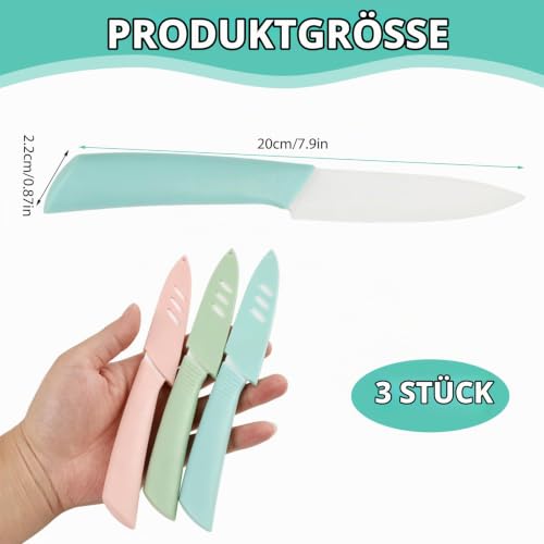 Foto von Sylkeov 3-teiliges Keramikmesser Set, 4-Zoll Schälmesser und Fruchtmesser mit Schutzhüllen, ergonomischem Griff und BPA-frei, ideal für Gemüse, Obst und Brot, Leichte, Blau, Rosa, Grün
