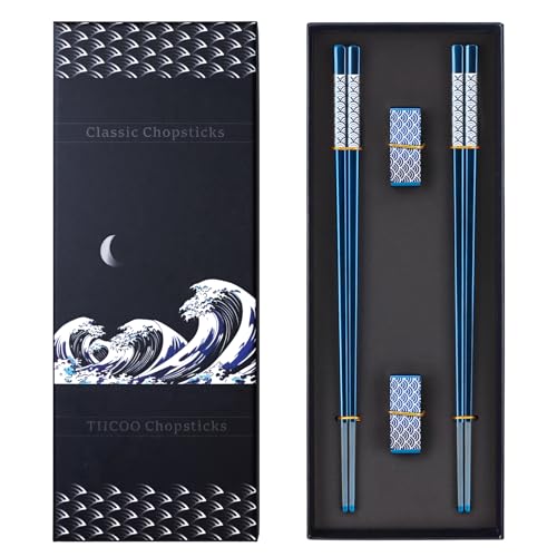 TiiCoo Reusable Titanium Plated Stainless Steel Chopsticks with Holder, Dishwasher Safe Lightweight Japanese Style Chopsticks Gift Set (Blue)
