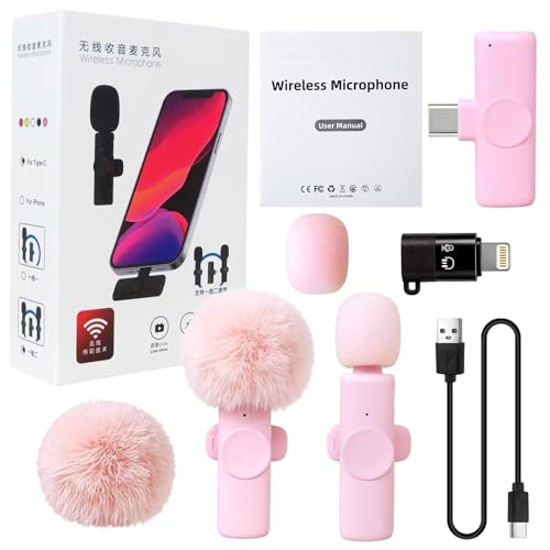 HEKUTU Newd Pink Wireless Microphone 2 Pack – Adapter Included – 3 Intelligent Modes (Noise Reduction, Mute, Reverb) – Compatible with iPhon-e, for Android, for PC, for Mac