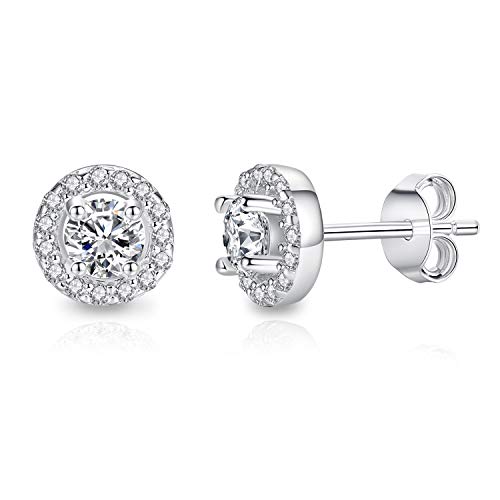 Spoil Cupid Rhodium Plated 925 Sterling Silver Brilliant Cut Cubic Zirconia Round Halo Stud Earrings Center Stone 4mm