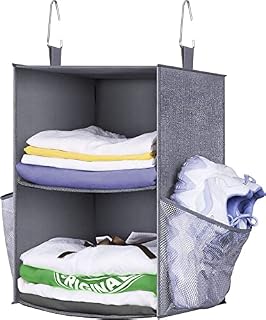 MISSLO 2 Shelves Hanging Storage for Wardrobe Organiser with 2 Side Large Pockets Hanging Shelf Collapsible Closet Organizer for Clothes Dorm Bedroom RV Camping,Gray