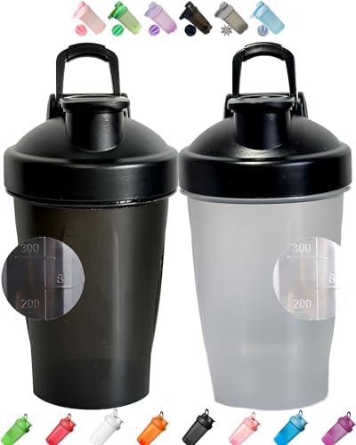 2 Pack Black Small Protein Shaker w. Whisk,Clear & Color Cup of Each(BPA Free,4-8-12-16 Oz,5″ Height),Easy to Screw & Snap Lid for Anti-Leak,Ergonomic Design for Anti-Drop,Replace w/o Cost in 10 Month
