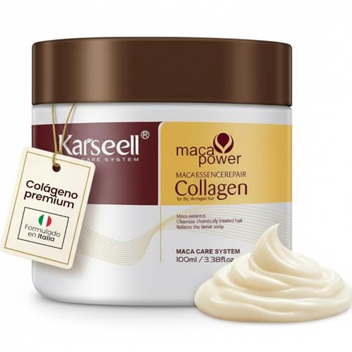 Karseell MACA CARE SYSTEM Mascarilla Capilar Colágeno Aceite de Coco Argán Maca Reparación Profunda Hidratación Intensa Anti-Frizz Cabello Seco y Dañado Brillo Intenso Profesional Formato Viaje 100ml