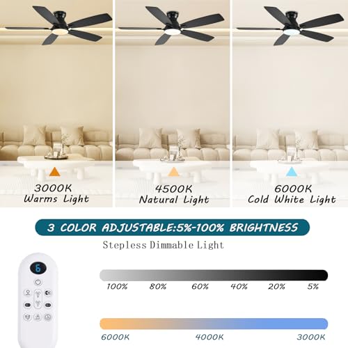 Image of JSAITEE Ceiling Fans with Lights, 52 Inch Low Profile Ceiling Fan with Light and Remote Control, Flush Mount, DC Reversible Motor, Noiseless, Black 6 Speeds Ceiling Fan for Bedroom