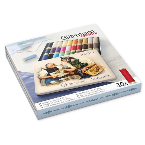 Gütermann creativ Nostalgic Box containing 30 spools of Sew-all Thread in different colours