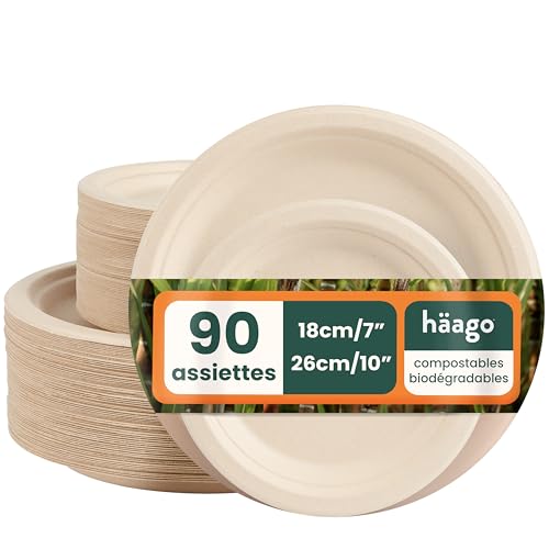 HAAGO Lot de 90 Assiettes Jetables en Canne à Sucre (Bagasse) – Assiettes Dîner 25 cm / 10