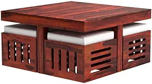 Woodkoof Solid Sheesham Wood Coffee Table with 4 Stool for Living Room, Garden, Patio, Guest Room, Caf? || Solid Wood Coffee Table || Wooden Coffee Table ||