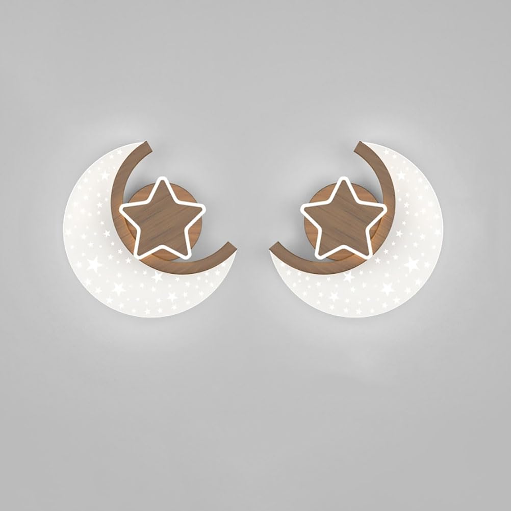 Lámpara de Pared LED Luna Interior Aspecto Madera 12W Moderna Apliques Infantil Estrellas y Luna lámpara de mesilla de Noche 3 Colores Temperatura niño niña Dormitorio Infantil lámpara,2pcs.