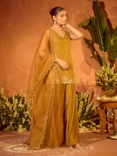 Image of FIORRA Women's Mustard Viscose Chanderi Embroidered Ethnic Straight Kurta Set with Dupatta
