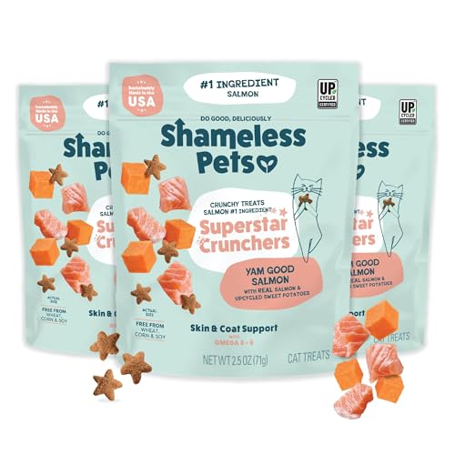 Shameless Pets Crunchy Cat Treats - Kitty Treats with Natural Salmon Healthy Yam Good Flavors - 3-Pk