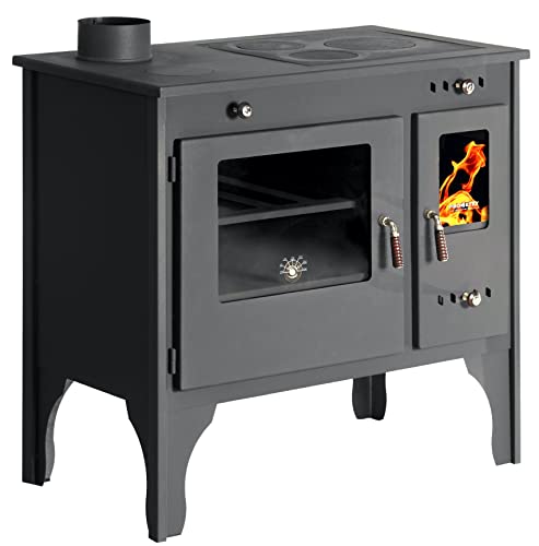 Kaminofen mit Backfach und Herdplatte Retro Eco Schwarz Links Holzofen 7 kW Kamin...