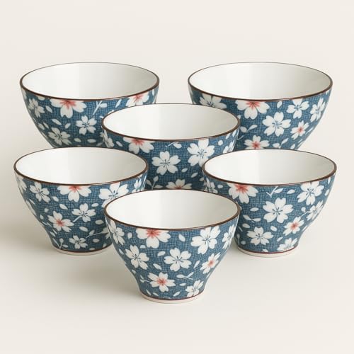 Image of YELONA Japanese Style Ceramic Bowls - 4.8 Inch (300ml), Set of 6 - Floral Design Rice /Noodle Bowls - Microwave & Dishwasher Safe, Ideal for Gifting Choice