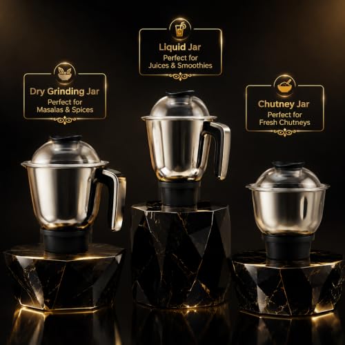 Image of indicon Thar 1HP (1000 Watts) Mixer Grinder, 3 Jars, Black | Heavy Duty Copper Motor for Grinding, Blending & Mixing | Stainless Steel Blades, Multi-Speed, Durable Kitchen Power Tool (Black)