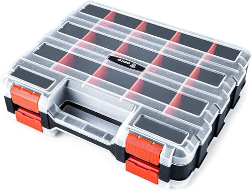 DEKO Screw Storage Organiser Tool Box Professional 34-Compartment Screw Box Organiser with Removable Dividers Transparent Dual-Sided Screw Storage Case with Secure Latches for Hardware & Small Parts