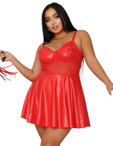 sunshinelady Damen Lederkleid Mesh Wetlook Kleid Große Größen Minikleid Curvy Figurbetont Rot XL