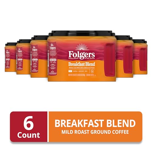 Image of Folgers Breakfast Blend Ground Coffee, Mild Roast, 22.6 Oz. Canister (Pack of 6)