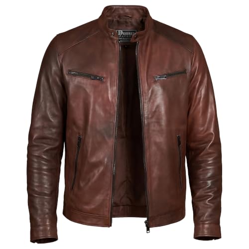 Image of Men Cafe Racer Motorcycle Style Solid Leather Jacket Slim Fit Motorcycle Brown Cafe Racer Leather Jacket