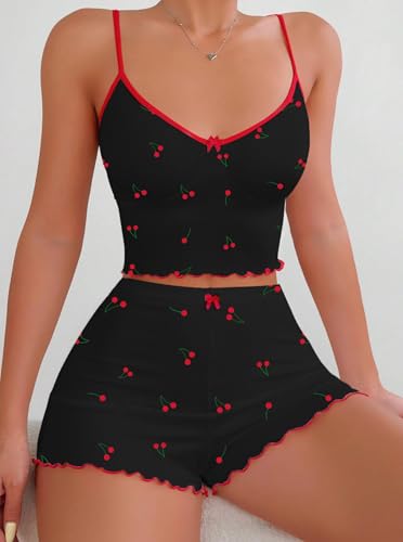 Image of Hilinker Womens Graphic Print Ribbed PJ Set Crop Cami Tops and Shorts Cute Pajamas Set