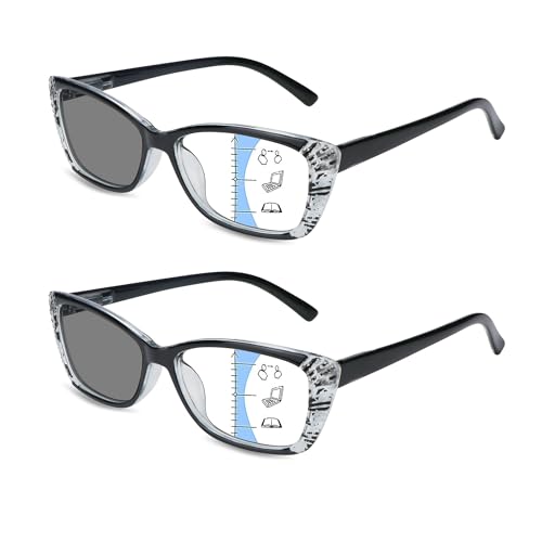 LuxGo 2Pairs Progressive Multifocal Reading Glasses, Photochromic Gray Sunglasses, Unisex, Full-Rim(Black,+0.00/+1.00 Magnification)
