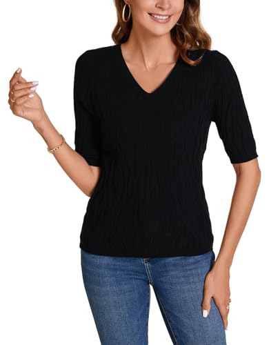 Image of MINTLIMIT Womens Short Sleeve Sweater Summer Pullover Shirt Tops Texture V Neck Casual Knit Tees Tops
