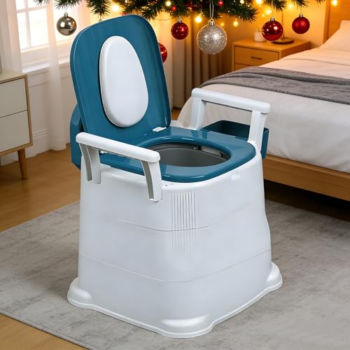 Nachttisch-Toilettenstuhl tragbare Toilette für Erwachsene mit abnehmbarer Armlehne Tragkraft 150 kg mobiler Toilettenstuhl für ältere und behinderte Menschen mit verstärkten Beinen (Blau)