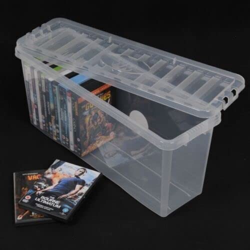 EZ PackHEAVY DUTY DVD Storage Plastic Shelf Boxes Stackable Slim Containers with Lids, Stores 36 DVD's