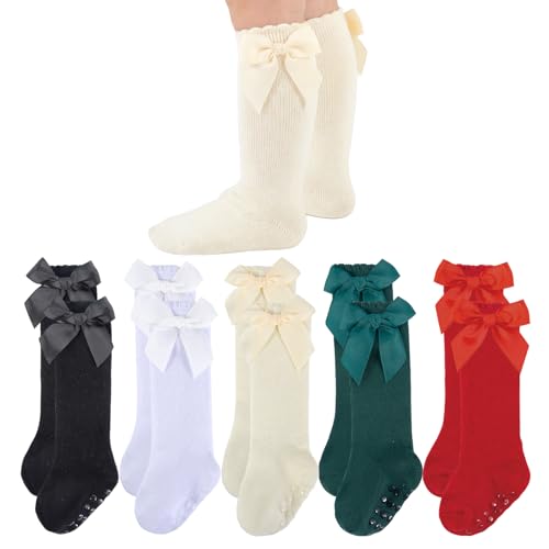 Image of QHANSHIEE Baby Knee High Socks Girls Newborn Infants Toddlers Cotton Bow Ruffle Long Socks Non Slip Stockings Dress Socks