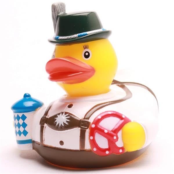 Duckshop I Badeente Bayern mit Brezn & Bier I Quietscheente I Quietscheentchen L: 8,5 cm I Geschenk für Oktoberfest-Fans I Präsent für Bayern-Fans I für Sammler