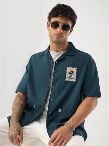 Image of The Souled Store Beach Vibes Men and Boys Short Sleeve Cuban Collar Button Front Blue Embellished Cotton Linen Oversized Shirt