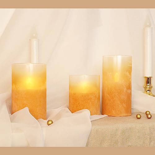 Image of Flameless Candles, Sandblasted Glass LED Candles, Battery Operated Flickering Candles with Remote & Timer, Real Wax Pillar Candles for Holiday Home Decorations