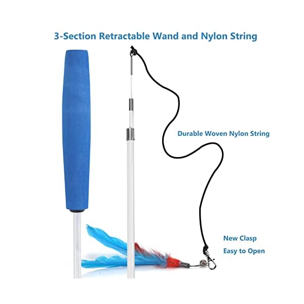 Cat toys feathers wand, interactive cat toy kitten toys 2 retractable cat wand toy and 7 feather teaser refills with bells, telescopic cat fishing pole toy for indoor bored cats gifts exercise pack - image 5