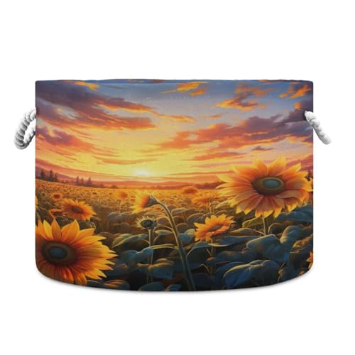 Round Sunflower Field Sunset Storage Basket Large Organizer Bin Laundry Hamper Toy Storage Basket with Handle for Nursery Clothes Toys 202b4422