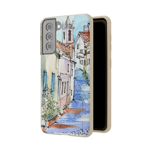 European Town Art Compostable Phone Case - Eco-Friendly Watercolor Canvas