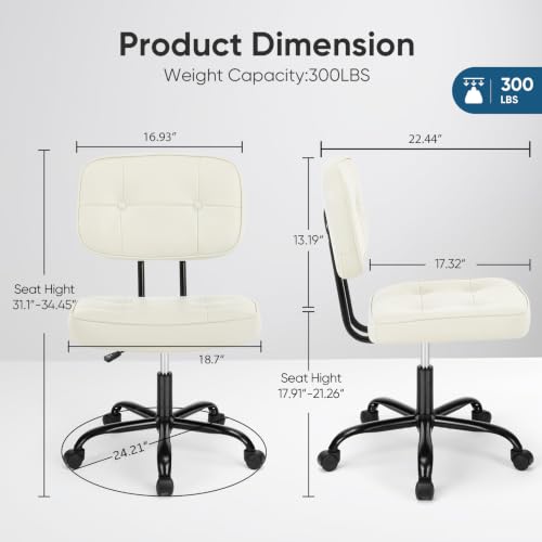 Image of DUMOS Home Office Desk Chair - Ergonomic Armless PU Leather Computer Rolling Task Chair with Comfy Lumbar Support and Height Adjustable, Vanity, Bedroom, Living Room, Ivory White