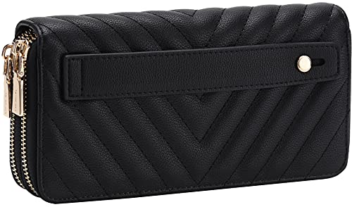 B Brentano Vegan Leather Double Zipper Pocket Wallet With Grip Hand Strap (Chevron Embroidered Black) #TOP1