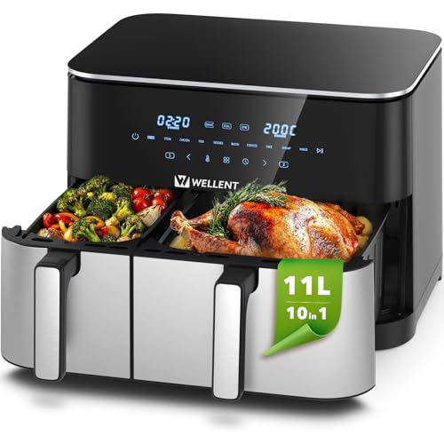 Heißluftfritteuse 2 Kammern, 2600W 11L Airfryer XXL(4+7L) WELLENT 10-in-1 Heissluftfritteuse Doppelkammer Air fryer Dual Zone mit Touchscreen, Match & Synchronisierungsfunktion, spülmaschinenfest