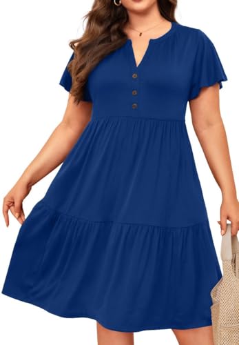 Image of Plus Size Summer Dress Casual Short Sleeve Button Midi Sun Dresses Women