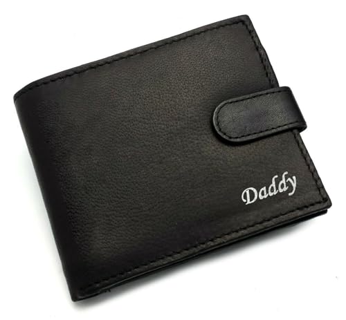Portefeuille personnalisé pour homme en cuir souple avec pochette pour pièces de monnaie et boîte cadeau Motif papa en argent et noir, Noir , M, Classique