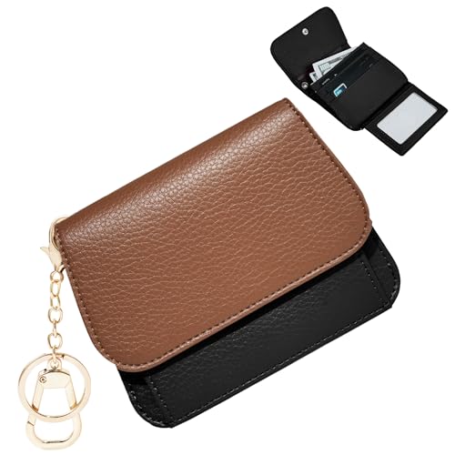 Image of Women Small Wallet RFID Blocking Slim Wallet with Coin Pocket Tri-Fold Credit Card Holder with ID Window and Keychain(Brown&Black)