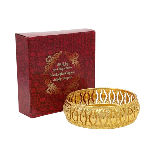 Image of Design Decor Gallery Round German Gold Plated Metal Tray Round Decorative Plate Gift for Decor Diwali Anniversary House Warming Wedding Birthday (Pack of 1) Size: 6x6 Inches, with Gift Box