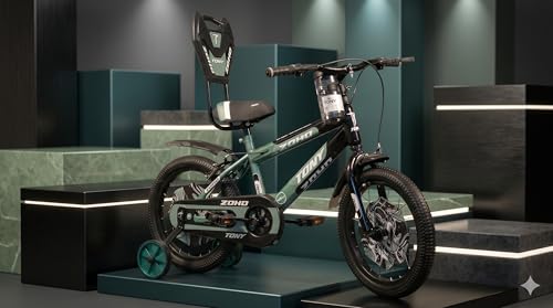 Image of TONY RAW Kids Bicycle14T inch Sports Cycle for 3 to 5 Years Baby Boys & Girls with Side Training Wheels & Back Rest Seat /Water Bottle SEMI-Assembled (Green)