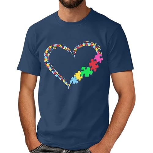 Camisetas genéricas para hombre camiseta de manga corta para el día de concienciación al autismo impreso corazón arco iris camisa cuello redondo clásico top de algodón ligero y transpirable, azul