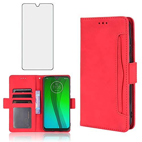 Phone Case for Motorola Moto G7/Moto G7Plus With Tempered Glass Screen Protector Card Holder Slot Stand Kickstand Shockproof Protective Wallet Purse Leather Flip MotoG7Plus Moto7 G 7 7G G7Plus Red