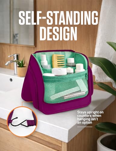 Image of VENTURE 4TH Hanging Travel Toiletry Bag, 18 Compartments - Purple /Mint | Hangs on rails, hooks or doors; stands upright. Removable TSA pouch. Water-resistant Nylon 290D Twill, reinforced stitching.