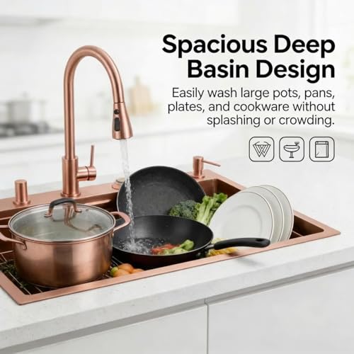 Image of Wallace 304 Grade Rose Gold Single Bowl Multifunction Kitchen Sink 30 x 18 x 10 Inch | Stainless Steel Workstation Sink with Integrated Waterfall Cup Washer Drain Basket RO Tap & Pull Down Faucet