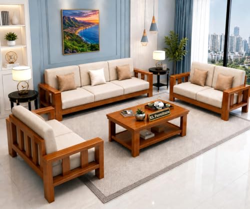 Image of KL Furniture Wooden Sofa Set with Center Table for Living Room | 7 Seater Sofa Set | Solid Sheesham Wood Sofa Set for Living Room Furniture (3+2+2, Brown, Natural Teak Finish)