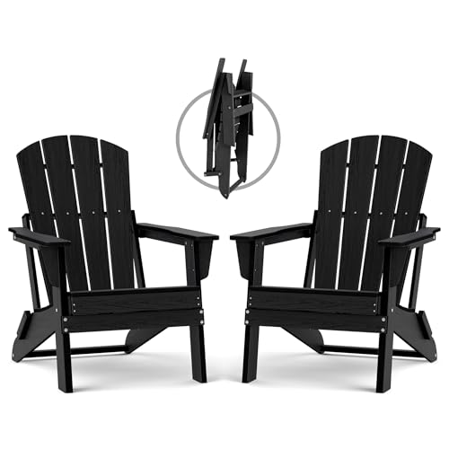 Image of Folding Adirondack Chair Set of 2, Lightweight-Portable HDPE Patio Chair, All-Weather Space-Saving Foldable Fire Pit Seating for Camping, Backyard, Deck-Black